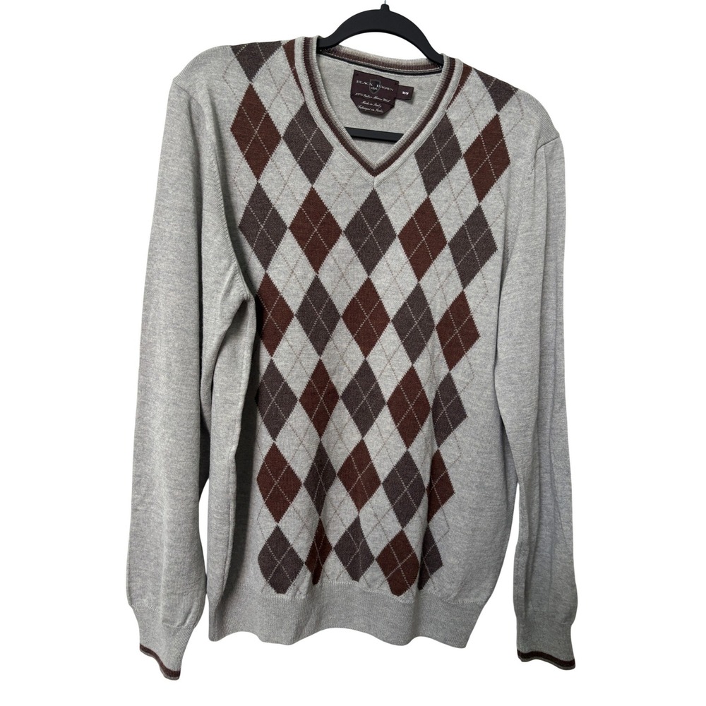 Black Brown 1826 Mens Grey Argyle VNeck 100% Italian Merino Wool Sweater M Italy